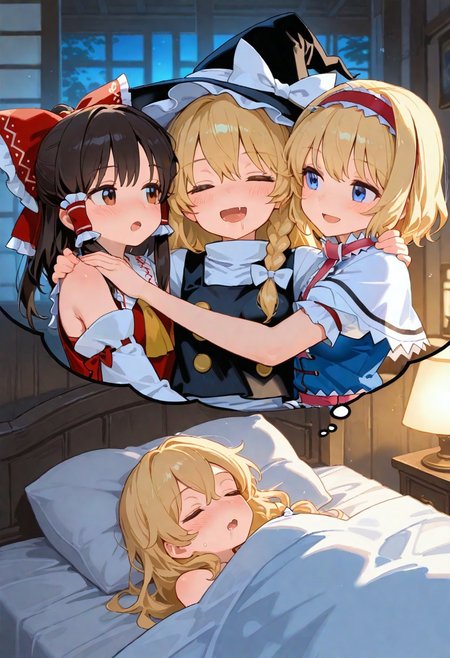 high res image, masterpiece, perfect quality, best quality, absurdres, ultra detailed face, detailed eyes, newest, huge filesize,
2koma, Alice Margatroid, sleeping, dreaming, open mouth, smile, saliva, bed,
break,
SDWER, sandwiched, 2girls, stadning, hands on shoulders, upper body, happy, blush, alluring, erotic, sexy,
Hakurei Reimu,
Marisa kirisame, witch hat
1boy, Alice Margatroid, in middle