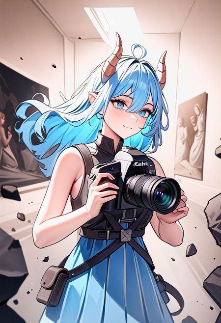(ultra high res:1.4), (masterpiece:1.4), (dslr:1.4), (8k:1.4), (beautiful lighting:1.4), a girl  horns, blue eyes radiant glowing hair,    she is standing in front of a painting,  a hyperrealistic painting, inspired by Sam Spratt, shutterstock contest winner, shock art, girl carving himself out of stone, cracking glass through reality, art in an absurdist style, devouring