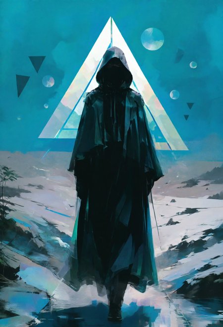 Dystopian style , close-up, an idyllic fleeting traveler in the depths of a desolate wasteland, liminal fog, circles, triangle, geometric shapes, (ethereal, cyan wisps, grainy texture, 96YOTTEA). abstract geometric gradients. <lora:96YOTTEA style for AWDXL2:1>
iridescent colors, stunning background.  a mesmerizing blend of light and shadow. masterpiece, absurdres, intricate details . Bleak, post-apocalyptic, somber, dramatic, highly detailed