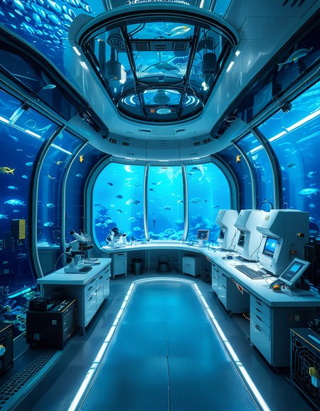 A futuristic underwater research laboratory,underwater research l4b0r4t0ry, located deep beneath the ocean's surface, surrounded by vibrant marine life and illuminated by soft, bioluminescent lighting. The laboratory features large, reinforced glass domes offering a panoramic view of the surrounding blue abyss, with schools of colorful fish and rays of sunlight filtering through the water above. Inside, advanced scientific equipment, glowing computer screens, and researchers in modern wetsuits or lab coats are visible, conducting experiments. The structure is sleek and metallic, with curved, aerodynamic designs to withstand water pressure. Coral reefs and marine plants grow nearby, adding natural beauty. The lighting is a mix of cool, bluish tones, with faint yellow lights from the laboratory windows creating a contrast. The atmosphere is calm yet futuristic, with a focus on scientific exploration and harmony with the marine environment.
<lora:SDXLFaeTastic2400:0.4> <lora:extremely_detailed:0.4> extremely detailed, <lora:underwater_research_l4b0r4t0ry:1>