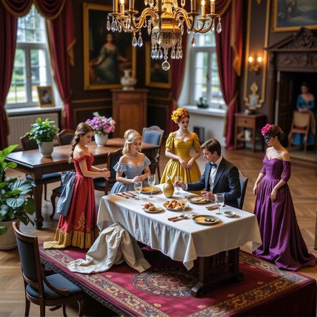 A miniature diorama of masquarade, 19th century,detailed digital illustration of a masquerade ball taking place in a palace, colorful dresses, masks, well-dressed women, glamorous, lascivious, somewhat decadent atmosphere,<lora:Flux.1_Turbo_Detailer:0.7>, <lora:Diorama_Flux:0.8>