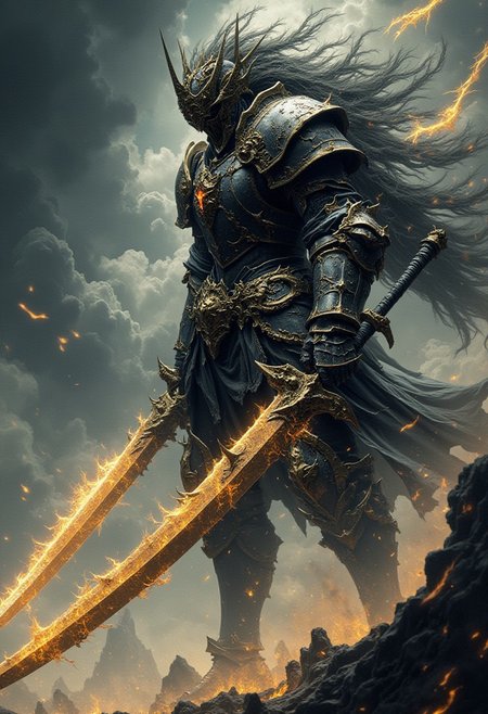 CloseUp, Upper Body Shot, Retro anime Pop art FredFraiStyle long haired demonic shrouded Silhouette of a Knightess with towering war crown Standing Battle ready with powerful weapon, vibrant pastel colored in Grey, White and DARK yellow, Highly detailed anime-style close-up action scene of a knight in intricately patterned armor. The focus is on the knight’s sword, showcasing the deep black and yellow blur of light that trails with the swift motion of the weapon, capturing the dynamic speed of the fighter. The scene is set in a misty, fog-filled night with a desaturated color palette. The background is hazy, while motion streaks and dynamic lighting enhance the sense of speed and intensity, with the knight’s glow piercing through the mist.