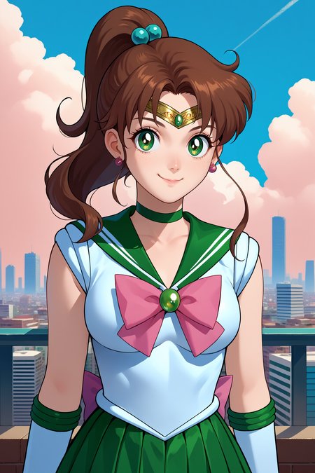 score_9, score_8_up, score_7_up, score_6_up, source_anime, 1girl, solo,   <lora:sailorjupiter-pdxl-nvwls-v1-000004:1> slrjup, brown hair, high ponytail, green eyes, hair bobbles, earrings, circlet, choker, white shirt, sleeveless, green sailor collar, white leotard, pink bowtie, brooch, green skirt, pleated skirt, white gloves, elbow gloves, upper body, closed mouth, looking at you, smile, happy, blue sky, clouds, city, portrait