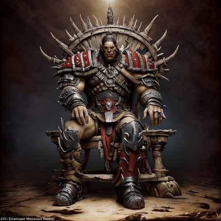 RAW photo, (masterpiece:1.3), subsurface scattering, heavy shadow, (high quality:1.4), (intricate, high detail:1.2), professional photography, HDR, High Dynamic Range, realistic, ultra realistic, photorealistic, high resolution, film photography, ambient lighting, atmospheric effects, <lora:detail_slider_v4:2>, OverallDetail, OrcW, <lora:OrcWarrior1:1>, a male orc warlord, ((full body shot)), plate armor, sitting on throne, in the style of Warhammer fantasy, World of Warcraft, ((perfect hands)), epiCPhoto