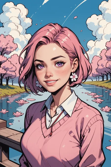 1girl, jewelry, solo, cherry blossoms, outdoors, pink hair, earrings, short hair, looking at viewer,  under eye, purple eyes, shirt, , day, collared shirt, sweater, skirt, smile, sky, building, blue sky, tree, long sleeves, pink shirt, flower earrings, pink sweater, necklace, black skirt, upper body, lips, bob cut, closed mouth, river, bridge, flower, blush, petals, cloud, water, a_Comic_Illustration, rough lines with ink, (drawn:1.1), (sketch:1.5), (crosshatching:1.25), (comic style:1.1), graphic novel style, sharp lines, hires, zstyle, (western comics \(style\):1.1), (hatching \(texture\):1.2), zPDXL, Mr_Monster_Possitive, <lora:Expressive_H:0.5>, score_9, score_8_up, score_8_up,
