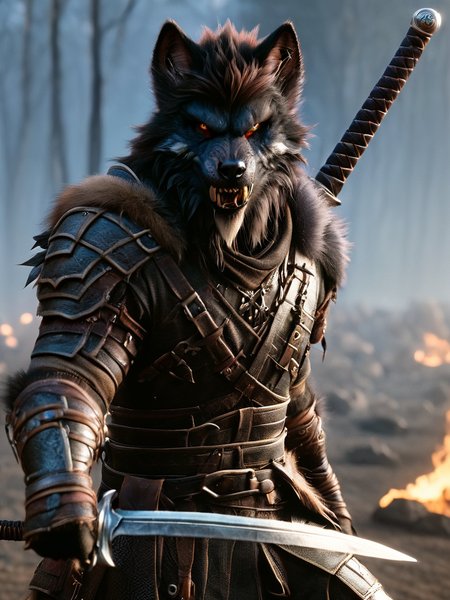 worgen, male worgen, warrior worgen, warrior clothing, a man in a wolf costume holding a sword, wearing leather armor, on the battlefield, with open mouth <lora:wowrgen-sdxl:1>