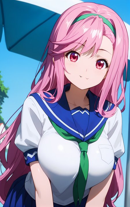 (score_9, score_8_up, score_7_up), standing, leaning forward, looking at viewer, light smile, closed mouth, shiny skin, tight clothes,
ohwx, 1girl, solo, pink_hair, long_hair, hairband, pink_eyes, red eyes, heart, fang, fang_out, breasts, large_breasts,
school_uniform, serafuku,
summer,
cowboy shot, dutch angle, close-up,
 <lora:shiria_ootsuka_pony_ss:1>