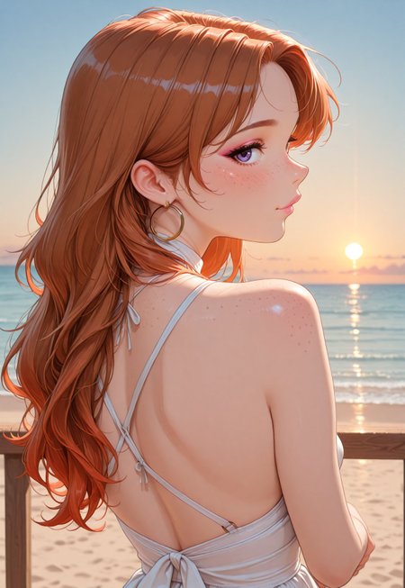 Beautiful, ultra high quality, very detailed, 8k, detail focus, civchan,( auburn  gradient hair:1.3), medium wavy hair, cute face, perfect face, purple eyes, small nose, soft features, perfect makeup, pink lipstick, lip gloss, eyeliner, mascara, eyelashes, perfect skin, blush, gold hoop earrings, necklace, enticing look, lustful,  sexy, attractive, (zoomed out:1.2), masterpiece, highest quality, 1girl, freckles ,( body turned to side:1.2), (face turned toward viewer:1.2), side profile of ass, leaning on wooden railing, beach background, sunset, beautiful sky
