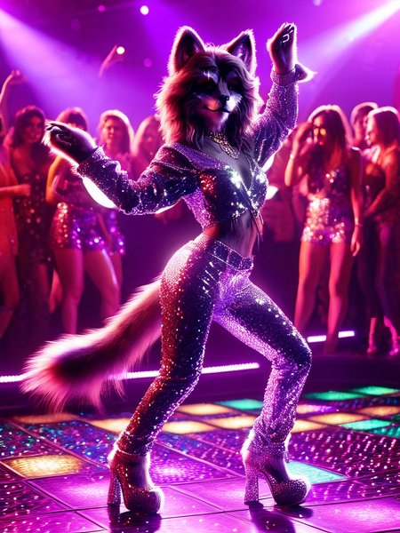 worgen, female worgen, dancing queen worgen, dancing queen clothing, glitter outfit, 80s style outfit, a furry cat dancing on a dance floor, disco, disco light at floor, people dancing in the background <lora:wowrgen-sdxl:1>