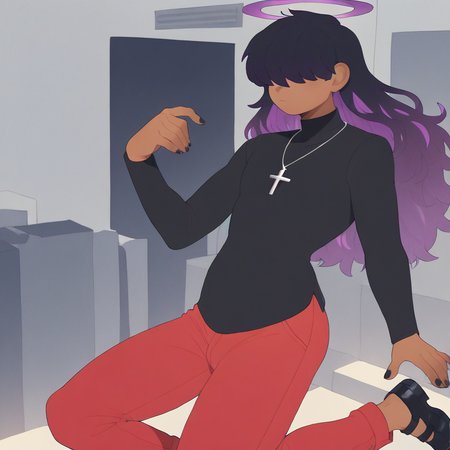 score_9 score_8_up score_7_up high_resolution 1,solo, single character,  (dark skin male,male)(very long hair,black hair, purple highlights,) (tall:1)(hair over eyes) (cross necklace,black shirt,long sleeves,red pants, black shoes), black nails  Purple halo