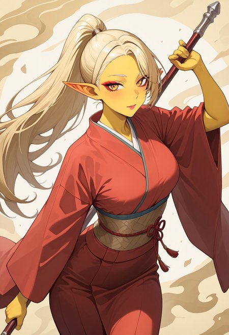 masterpiece, best quality, newest, absurdres, highres, anime, anime style, DPDV1.0, dynamic pose, polearm, holding polearm, holding weapon, weapon, 
1girl, asian, asian female, elf, elf girl, pointy ears, long hair, yellow skin, blonde hair, golden colored skin, kimono, red kimono, ponytail long ponytail, high taied ponytail, makeup, mascara,
staff, holding staff