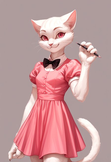 score_9, score_8_up, score_7_up, score_6_up, score_5_up, score_4_up, source_furry, sharp focus, high contrast, artistic
(pencil drawing)
BREAK
1girl, solo, looking at viewer, confident smile, short sleeves, small dress, closed mouth, standing, tail, hand up, bowtie, pink dress, furry, cat girl, furry female
BREAK
<lora:jeffr:1>