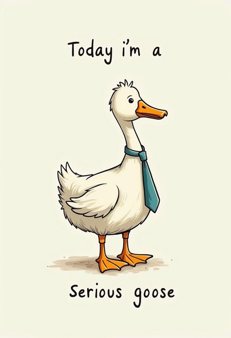 A cartoon of goose with a tie around its neck saying "Today i'm a serious goose"