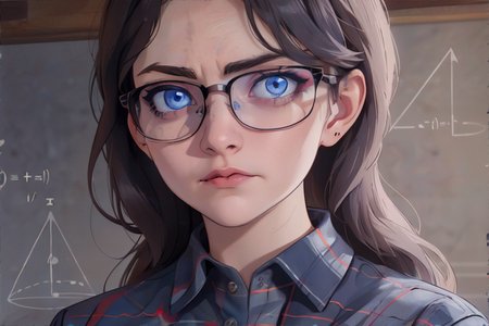 <lora:mathlady-incursio:1.00>, MathLadyMeme, text, english text, <lora:bzl:0.8>, bzl_test, glasses, flannel shirt, (blue|grey) eyes, <clip:skip:2> || skin, hair, text, chalk, masterpiece, 8k, high resolution, shallow depth of field, sharp focus