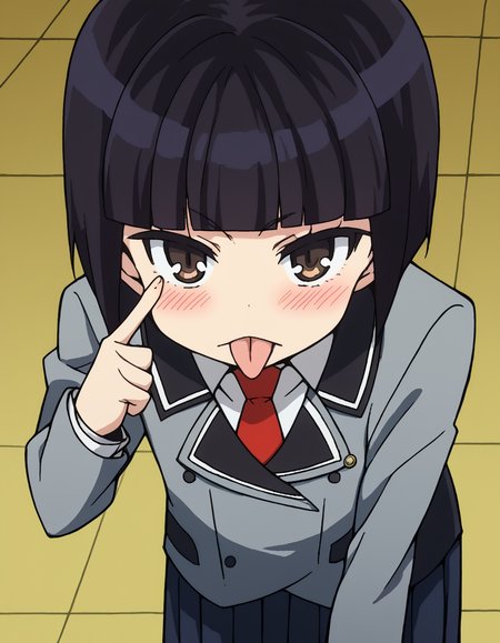 score_9, score_8_up, score_7_up, source_anime, <lora:otome-saotome-s1-ponyxl-lora-nochekaiser:1>, otome saotome, short hair, black hair, brown eyes, blunt bangs,, skirt, school uniform, pleated skirt, necktie, black skirt, red necktie, grey blazer, long sleeves,, ballroom, dance floor, chandeliers, formal wear, , <lora:akanbe-ponyxl-lora-nochekaiser:1>, akanbe, eyelid pull, finger to eye, tongue out, :p, tongue, ;p, blush, leaning forward, bent over, from side,, looking at viewer, solo,, dutch angle, cowboy shot