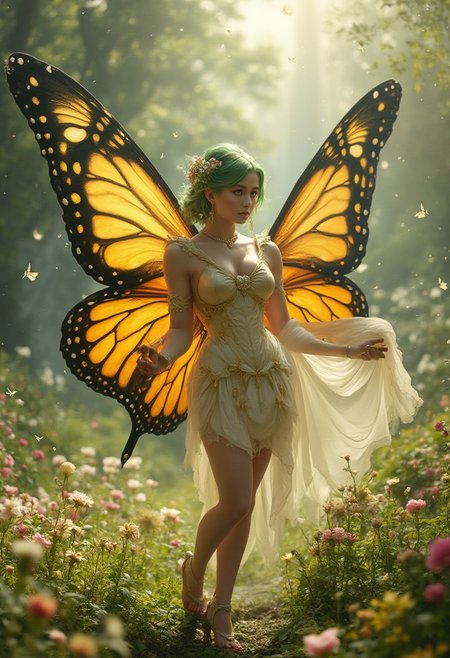 "Photo-realistic image: A butterfly-winged scandinavian woman with vibrant green hair styled in a bob cut, adorned with delicate flowers. Her large, colorful wings display shades of yellow, orange, and black, resembling those of a monarch butterfly. She wears a frilly, white and gold outfit that highlights her slender figure, with matching gloves and sandals. Her expressive eyes and graceful pose exude a sense of ethereal beauty.
Background: Enchanted meadow filled with blooming wildflowers of various colors, with soft sunlight filtering through the trees. The air is filled with floating, glowing particles, giving the scene a magical, serene atmosphere. A gentle breeze causes the flowers and grass to sway, adding to the tranquil setting."