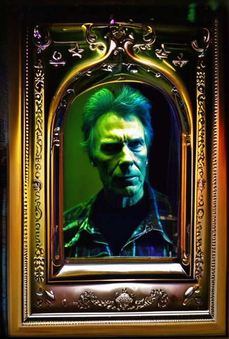 metaphysical style Analog photo of magic mirror in Clint Eastwood's Hollywood mansion allowing him to see his personal egregore avatar looking back at him from the mirror dimension, chiaroscuro blacklight, deep blacks, strbe lights 
<lora:LCM-LoRA-XL_V1:0.21>
<lora:SDXLHighDetail_v5:0.3>
 <lora:sdxl_photorealistic_slider_v1:1.2>  . surreal, eerie, uncanny, detailed