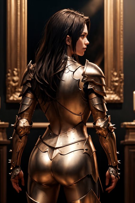 a portrait of a female paladin adorned in holy armor, spiked armor,  standing, intricate background, fantasy, lifelike, from behind, 
masterpiece, best quality, intricate detail, high background detail, high contrast,   <lora:emotion_angry_slider_v1:1> raytracing,  <lora:backlight_slider_v10:-1> <lora:contrast_slider_v10:2>,  <lora:skin_slider_v10:0.5>