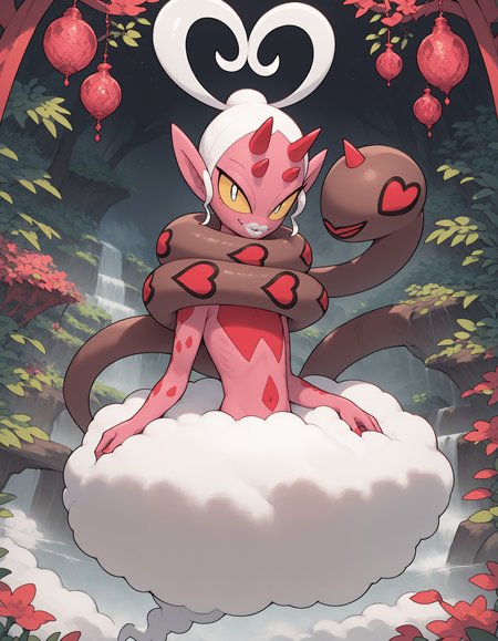 score_9, score_8_up, score_7_up, pokemon \(creature\), looking at viewer, smile, full body, hearts, red swamp setting, white hair, white lips, yellow sclera, horns, pink skin, red spots, brown tail, long tail, cloud
, Enamorus, <lora:cefaa866-a58e-40ba-a219-79ab392f7d60:1.0>, <lora:7ec47181-66fd-458d-94ca-dd9d4ce04993:0.8>, <lora:b3d4dbe1-c391-4afd-9f8f-ce43ea8adeae:0.8>