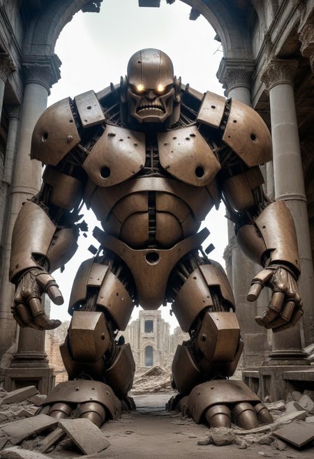 award winning, (professional photo) of (unyielding golem made of iron), enormous size, decorated with metallic accents,  set in  a crumbling ruin, with broken pillars, scattered debris, and a sense of decay, , creative, beautiful, vibrant, masterpiece, 64k, UHD, HDR, full view, atmospheric lighting, extremely detailed