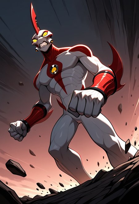 masterpiece, best quality, amazing quality, very aesthetic, absurdres, newest,
,waybig, no humans, solo, alien, horn, single horn, yellow eyes, arm blade,
from below, incoming punch, angry, clenched teeth, punching, falling rocks,