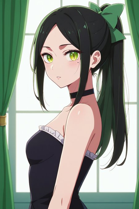 score_9, score_8_up, score_7_up, source_anime, 1girl, prefect lighting, very aesthetic, intricate details, highly detailed background, masterpiece, high quality, prefect hands, best quality, solo,
<lora:Frill_Shiranui_Oshi_no_ko_V1:.85>, KJOfrill, green hair, green eyes, slit pupils, mole under eye, mole under eye, long hair, parted bangs, 
frilled dress, black dress, side slit, ponytail, black choker, bare shoulders, strapless, black hair bow,
from side, blush, expressionless, parted lips, head tilt, standing, looking at viewer, 
ballroom, morning, 
(Beautiful, small Breasts:1.2), natural breasts,