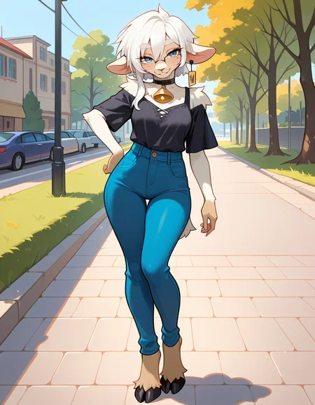 masterpiece, best quality, very aesthetic, absurdres,
outdoors, casual, 
full body, posing, 
 seductive smile, parted lips, long eyelashes,
 <lora:Wilma_v01_NAIXL:1>
W11m4,1girl,solo,furry,furry female,animal ears,earrings,ear tag,white hair,short hair,hair between eyes,blue eyes,glasses,snout,mole under eye,animal nose,black choker,neck bell,body fur,white fur,tail,hooves,