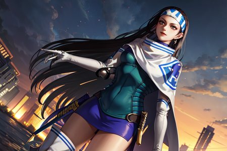 highly insanely detailed, masterpiece, top quality, best quality, highres, 4k, 8k, RAW photo, (very aesthetic, beautiful and aesthetic),  
beth_\(megami_tensei\),bethsmtii,shin megami tensei ii,long hair,black hair,straight hair,sleek black,jewelry,cross,headband,red_lipstick,katana,sword,Tokyo_Millennium,post-apocalyptic_city,dystopian_world,Arcadia,Utopian_district,demon-free_zone,false_paradise,Order_of_Messiah,Religious_order,messianic_cult,divine_rulers,Millennium_News_Network,City_news,propaganda_broadcasts,information_contro, 
<lora:zs_Beth:1>, 
(1girl:1.3), 1other, 
dynamic moment,spring,winter,summer,âââ