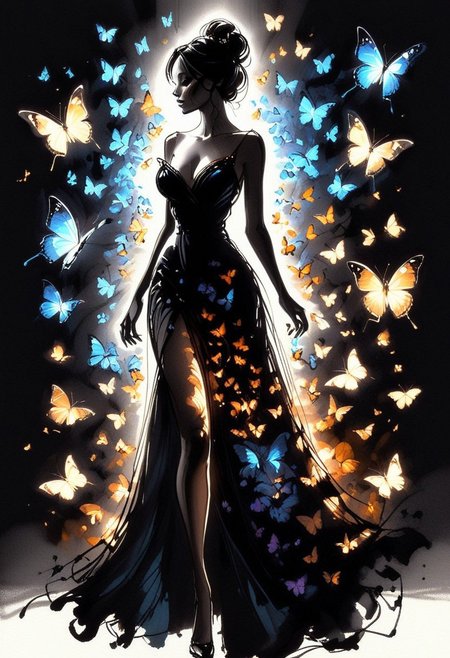 inksketch, a silhouette of a woman, black background, glowing butterflies, full body, black dress