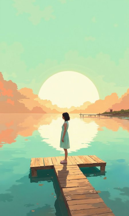 Full shot of a stylized illustration.Â 
A woman in a light-colored, likely white or light-blue, dress stands on a wooden dock that extends into a calm body of water.Â The water reflects the colors of the sky, transitioning from a light teal-blue at the top to a deeper, more muted teal-blue near the dock.Â 
The sky is a soft gradient of warm colorsâa mix of orange and peach at the horizon transitioning to a pale teal-blue at the top.Â  A large, brilliant white sun is near the horizon.Â 
The woman is silhouetted against the light, facing away from the viewer and toward the setting sun.Â  Her body shape and form are clear, but her face is not visible.Â 
The wooden dock on which she stands is a simple, slightly weathered-looking light brown or beige wood. The dock is a T-shape, with the woman standing on the center portion.Â  Shadows of the woman and the dock are cast onto the water's surface.Â 
In the distance, on the far shore, very small portions of a structure, possibly a small building or pier, are visible.Â  The entire scene gives  a serene and thoughtful feeling, emphasized by the calm waterÂ and the soft color palette.Â The clouds subtly reflect the warm shades of the sky.
<lora:FLUX-daubrez-DB4RZ-v2:1> DB4RZ, DB4RZ style painting