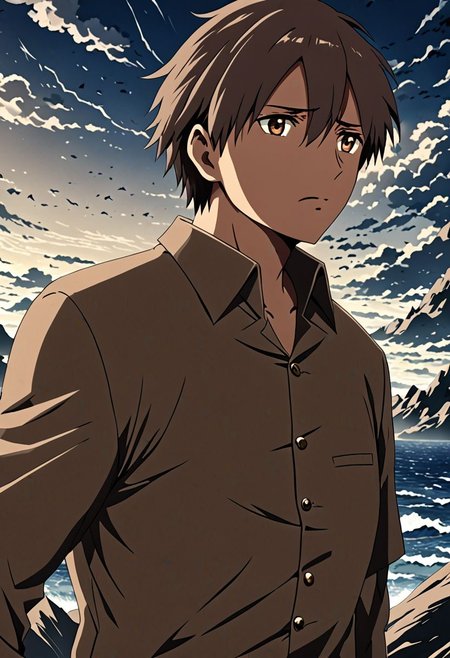 high resolution, solo, best quality, 1Boy, Takaki Toono, Brownish Hair, Brown Eyes, existential longing, fantasy background, strong wind, OverallDetail