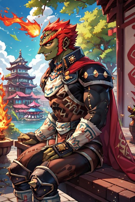 score_9, score_8_up, score_8,   BREAK, , ,,, (upper body),  zzGanondorf, 1boy, red hair, dark skin, armor, gloves, jewelry, muscular, shoulder pads, short hair, cape, muscular,  fire, aura,  <lora:Ganondorf_OoTZelda_PDXL:0.8>,   ,,,, BREAK, sitting on bench, side view, smile, looking at viewer, cowboy shot,  ,,, BREAK, pnkBldng, sky, day, cloud, tree, blue sky, building, architecture, east asian architecture,  ,,, BREAK, embedding:zPDXL, Expressiveh,  ,,, <lora:PinkBuildingsPDXL_v2:0.6>, <lora:SDXLFaeTastic2400:0.5>, <lora:Expressive_H-000001:0.4>