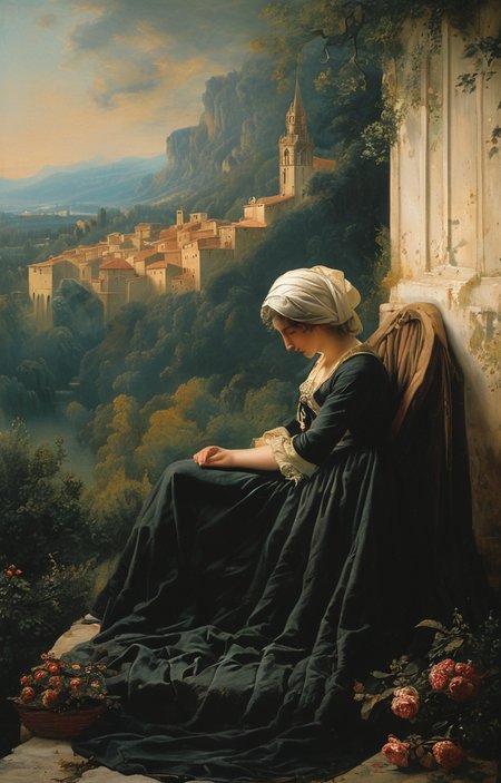 masterpiece,best quality,<lora:tbh152-sdxl:0.8>,illustration,style of Élisabeth Vigée-Lebrun Nazgul over sleeping town