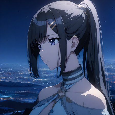 (masterpiece),(best quality),(ultra-detailed),(best illustration),(best shadow),(absurdres),(detailed background),(very aesthetic),otonashi_hibiki, night, blue theme, purple eyes, sky, solo, 1girl, black hair, night sky, hair ornament, hairclip, long hair, ponytail<lora:XL-OtonashiHibiki:1>