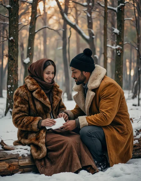 Rembrandt style <lora:funnys:0.4>, This is a photograph capturing a serene winter scene in a snowy forest. Two people, a man and a woman, are seated on a log in the middle of the forest. The woman, on the left, is wearing a brown fur coat and a dark brown woolen scarf draped around her head, covering her hair. She has a gentle smile as she holds a white envelope in her hands. Her expression suggests a sense of contentment and joy., 
The man, positioned to the right, is dressed in a tan, heavy winter coat with a fur-lined hood. He wears a black knit hat and has a slight beard. He is seated on the log, leaning towards the woman, and appears to be engaged in conversation with her. Both individuals have a warm, intimate atmosphere, suggesting a close relationship., 
The background is filled with tall, snow-covered pine trees, their branches laden with snow. The ground is blanketed with snow, and the light filtering through the trees creates a soft, golden glow, enhancing the serene and peaceful mood of the scene. The overall image is a blend of natural textures, from the soft fur of their coats to the rough bark of the log, with a delicate, almost dreamy quality that evokes a sense of tranquility and connection., <lora:ssf-4bstr4ct:1> . Baroque, chiaroscuro, realistic, emotional, "flat lighting