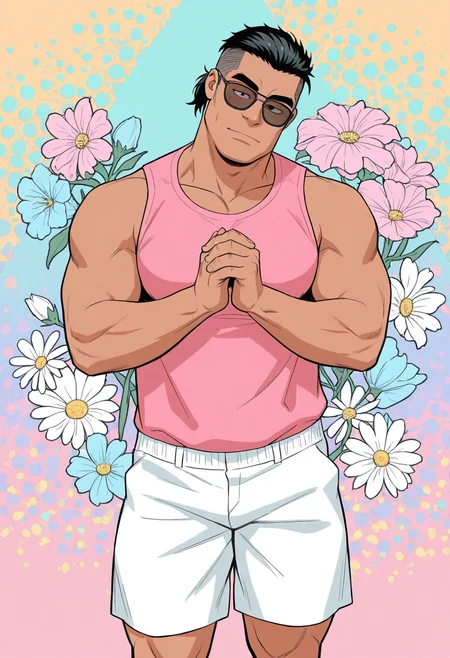 1boy, sunglasses, pink shirt, sleeveless, white shorts, flower, pedal, multicolored background,
praying, lazy eye, head tilt, portrait, hands up, standing, own hands together,
BREAK
<lora:Budan_from_Low_Tribe_by_Gai_Mizuki_v0.1:1> large pectorals, (plump:0.7),
budanlowtribe, mature male, thick eyebrows, under cut, black eyes, black hair, short hair, ponytail, dark skin,
BREAK
bara, best quality, masterpiece, very aesthetic, absurdres, highest detailed, very awa,
