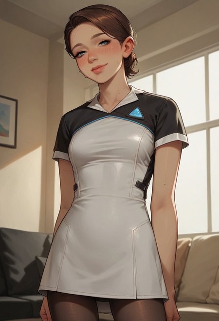 score_9, score_8_up, score_8_up, godrays,1girl, living room, blush, sweat, expressiveh, used, standing, sexy legs, sexy pose, thigh gap, legs apart, happy, pantyhose,  medium breast, petite body, skinny, 1girl, short hair, brown hair, blue eyes, lips, dress, pants, short sleeves, gentle smile, dynamic angle, skirt lift