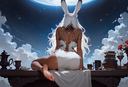 score_9, score_8_up, score_7_up,  rating_questionable, 20yo girl, 1girl, viera, solo, tall, white dress, red trim, a woman with white hair, Brom, beautifully backlit, fantasy art, dark skin, long hair, rabbit ears, white hair, space traveler, galactic, otherworldly, ethereal, atmospheric, galaxy, sweat, full body, romantic, sitting at coffee table, drinking coffee, feet, soles, view from behind, view from below, head turned away  <lora:pony/twilight_style:0.8> <lora:pony/expressiveh:0.8> expressiveh