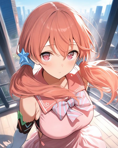 1girl, KitakamiFutabaDotLive, 
safe, solo, upper body, from above,
dating, looking at viewer,
star hair ornament,
pink sailor collar, striped bowtie,
pink dress, short dress,
sleeveless, 
see-through, black bra, large breasts,
elbow gloves, 
fingerless gloves,
denim shorts,
city, wind, soft lighting,
<lora:kp_KitakamiFutabaDotLive2ndCostumeAnimagineXL_v1_1:1.0>,
masterpiece, high score, great score, absurdres