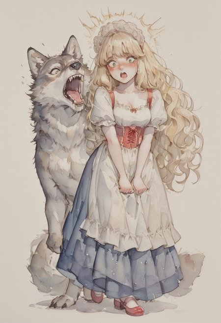 ( watercolor):2, (pastel colors), high detail, (lineless:1.2), (realistic), detailed, depth of field, dynamic lighting, masterpiece, detailed_eyes, high_quality, best_quality, highres, (muted colors), pencil lines,
girl, lovely, tender, blush, white skin, green eyes, full lips, blonde hair, very long hair, voluminous hair, wavy hair, lace headband in hair, blush, thick eyelashes, Victorian girl,
white shirt with square neckline, red corset with straps, blue skirt, white apron, medium breasts,
furious, yelling at wolf,
wolf at girl's feet, scared wolf,
white background,
full body,