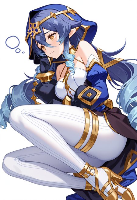 masterpiece,high quality details, absurdres,
 <lora:Layla:0.8>
layla_cnr, 1girl, blue hair,very long hair, twin drills, drill locks, pointy ears, yellow eyes, hair between eyes, sidelocks,medium breasts, 
hood up, dress, detached sleeves,puffy long sleeves,bare shoulders,black gloves, thighlet,claw ring,gold choker, gold trim,high heels, white pants,, simple background, white background, sideways,solo,, thinking,wavy mouth,