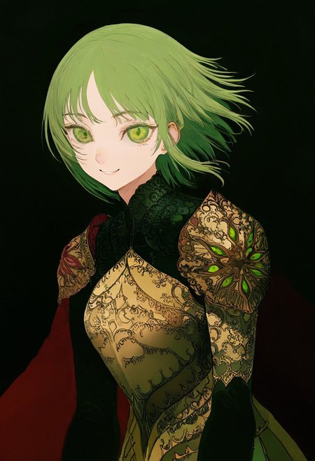 solo, looking at viewer, green eyes, upper body, black background, 1girl, green hair, smiling, 
, ,,,, masterpiece,best quality,very aesthetic,absurdres
 <lora:monfornoob:0.95>