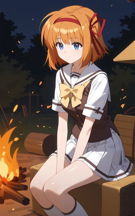 (score_9,score_8_up,score_7_up),light smile, shiny skin,ohwx, 1girl, solo, ribbon, red_ribbon, red_hairband, hair_ribbon, blue_eyes, orange_hair, short_hair, hairband, breasts,school_uniform, bow, yellow_bow, white_sailor_collar, serafuku, white_skirt, yellow_bowtie, vest, bowtie, kneehighs, socks, outdoors, campfire,<lora:kaede_fuyou_pony_sobsynapse-000003:1>
