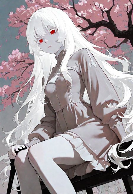 <lora:748cmSDXL:1>, best masterpiece, best quality, very aesthetic, 1girl, white hair, really long hair, red eyes, white eyelashes, pale skin, white outline, small breasts, empty eyes, girly outfit, sitting on campus bench, dramatic angle, holding cane, muted moody colour palette, cherry blossoms hanging above