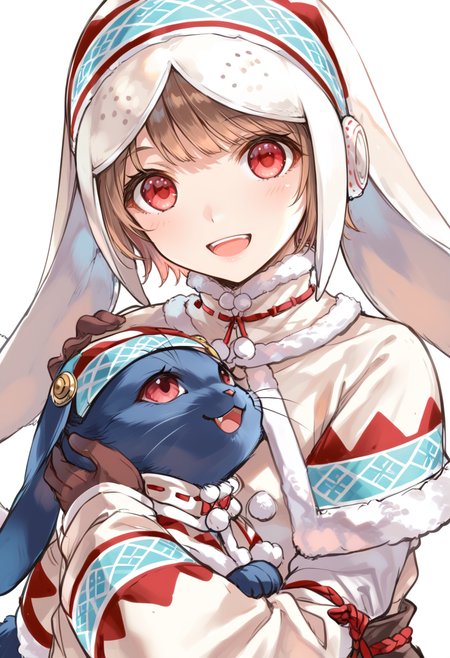 (score_9:0.9),score_8_up,score_7_up,rating_safe,anime style,(zPDXL),<lora:lagombi armor ponyXL v1:0.8>,lagombi armor,white hat,white gloves,1girl,red eyes,smile,short hair,brown hair,solo,open mouth,holding cat,blue cat,lagombi cat,