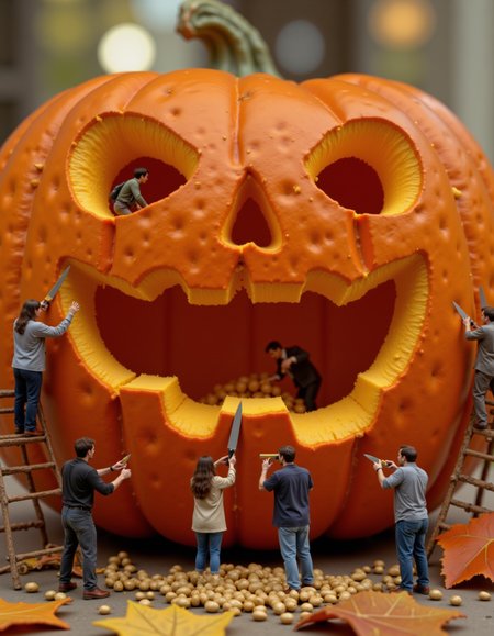 A group of miniature people, each about 2 inches tall, working together to carve a massive jack-o'-lantern. Some are standing inside the pumpkin, scooping out oversized seeds with tiny hands, while others are perched on ladders or makeshift scaffolding, using kitchen knives much larger than themselves to carefully carve out the pumpkinâs face. The giant pumpkin dominates the scene, with bright orange flesh and intricate details. The tiny figures are in sharp focus, their clothes covered in pumpkin pulp, as they work with determination and teamwork. Warm autumn lighting and scattered leaves create a cozy, festive atmosphere, with the background slightly blurred to keep the focus on the miniature workers and their enormous task.