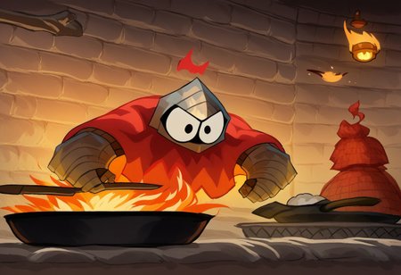 knight, big eyes, helmet, cape, big helmet, castle, stone wall, backlit, edgelit, huge gauntlets, cooking, holding a frying pan, fraying pan, pots, beard, chef hat on helmet, helmet, chef hat, lanterns, character focus, furious, angry, fuming,