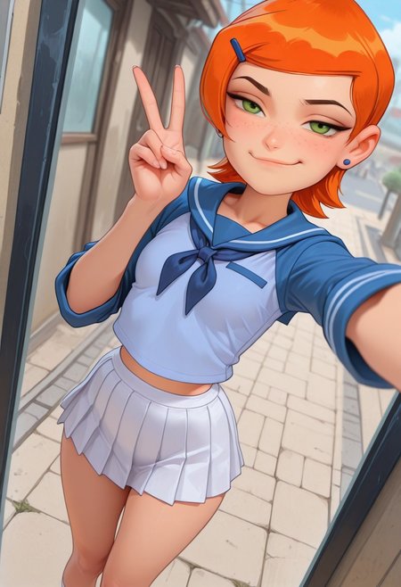 masterpiece, best quality, good quality, very aesthetic, absurdres, newest, 8K, depth of field, focused subject, mythp0rt,
stylized, wabi sabi, 
1girl, Gwen_Tennyson, orange hair, short hair, green eyes, freckles, cute, 
smug,
petite body, small waist, curvy, thighs, shapely legs,
small breasts,
school uniform, transparent,
standing, selfie, peace sign,
dynamic angle, close up,
outdoors,