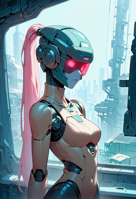 score_9, score_8_up, score_7_up, highly detailed, 1girl, medium breasts, female robot, robot girl, head screen, helmet, long pink ponytail, standing, luminescent futuristic screen, window, futuristic city in the background, screen for head, no face, head display with crt  glowing screen, digital eyes,
<lora:scav3ngersV4_epoch_3:1>,