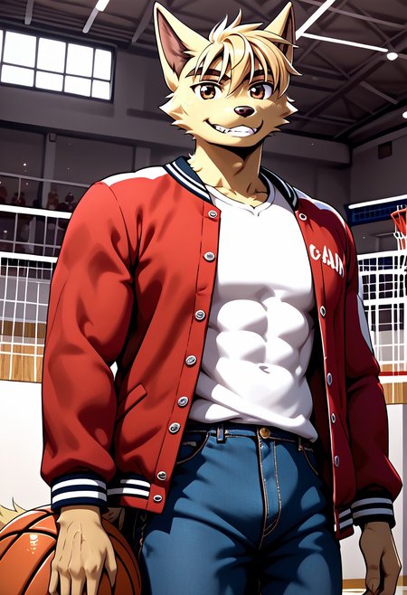 score_9, score_8_up, score_7_up, score_6_up, score_5_up, score_4_up, source_anime, source_furry, zPDXL3, furry_diffusion, masterpiece, unparalleled masterpiece, flat colors, intricate details, beautiful vibrant colors, depth of field, chromatic aberration, detailed fur, best quality, amazing quality, 4k, HD, shiny fur, <lora:DanielDxO_PXL-05:0.7>, daniel, dingo boy, dog tail, blond fur, blond hair, short hair, muscular, athletic build, abs, toned ass, pectorals, large pectorals, solo, 1boy, furry male, brown eyes, detailed background, basketball court, white shirt, taut shirt, jeans, red jacket, letterman jacket, open jacket, upper body, close-up, male focus, holding basketball, looking at viewer, smile, teeth, feet out of frame, veiny biceps, veins, low angle, posing